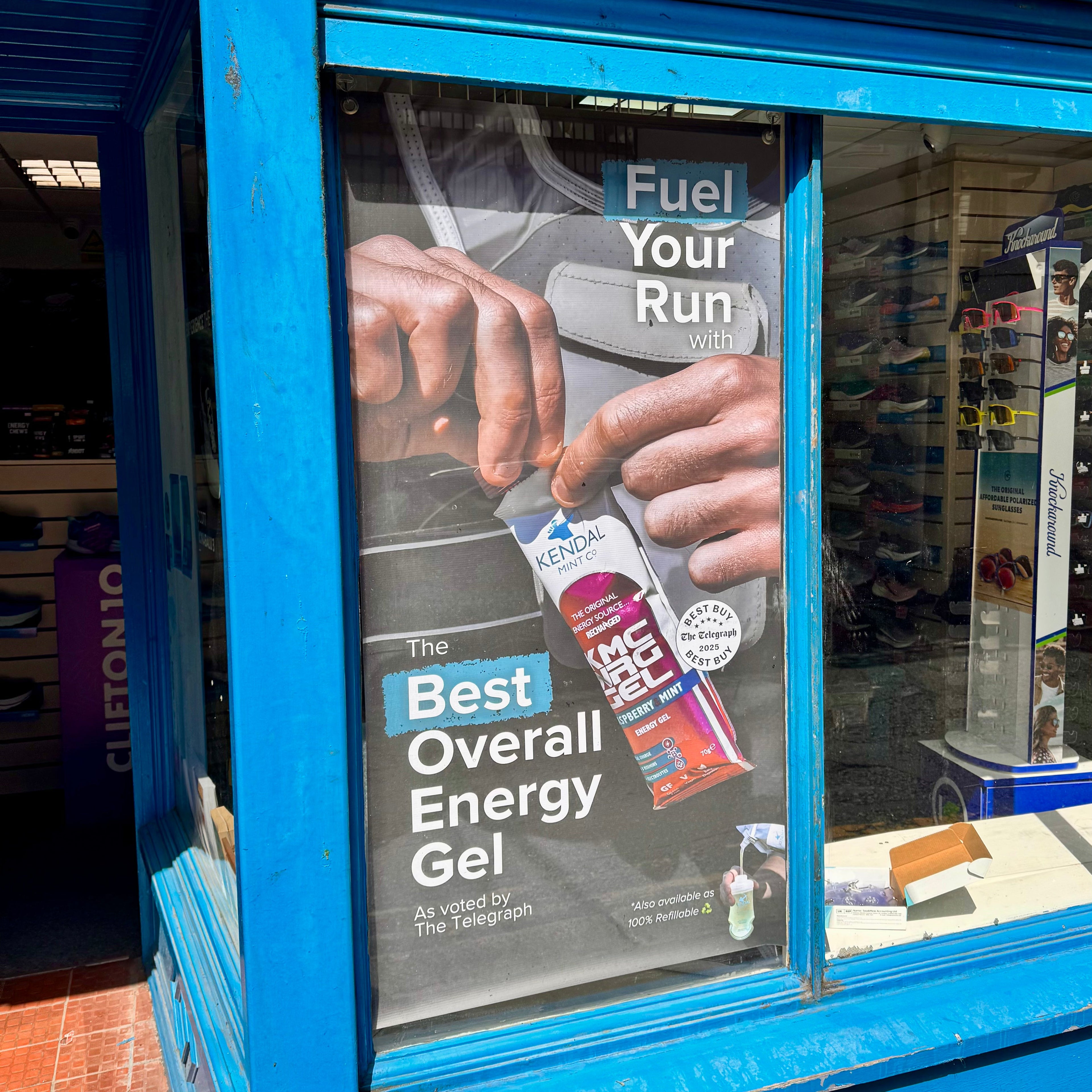 POS Vinyl Banner - with Eyelets Clear Sticky Hooks - Fuel Your Run Best Overall Gel 137cm x 70cm